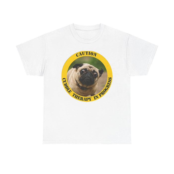 Pug Caution Tee – “Cuddle Therapy in Progress” Dog Rescue Shirt